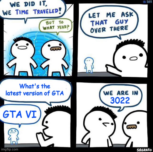 When do you think GTA VI will be released? | What's the latest version of GTA; 3022; GTA VI | image tagged in we did it we time traveled,gta | made w/ Imgflip meme maker