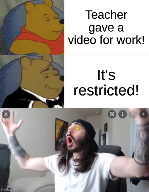 Restricted school work! | Teacher gave a video for work! It's restricted! | image tagged in memes,tuxedo winnie the pooh | made w/ Imgflip meme maker