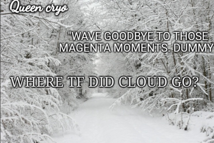 The snowy temp of queen cryo | WHERE TF DID CLOUD GO? | image tagged in the snowy temp of queen cryo | made w/ Imgflip meme maker