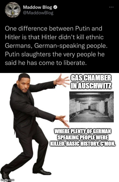 German born Jews, German born political dissenters, the list goes on. You have to know you're lying. Orwellian. | GAS CHAMBER IN AUSCHWITZ; WHERE PLENTY OF GERMAN SPEAKING PEOPLE WERE KILLED. BASIC HISTORY, C'MON. | image tagged in tada will smith,rachel maddow,ukraine,putin,hitler,holocaust | made w/ Imgflip meme maker