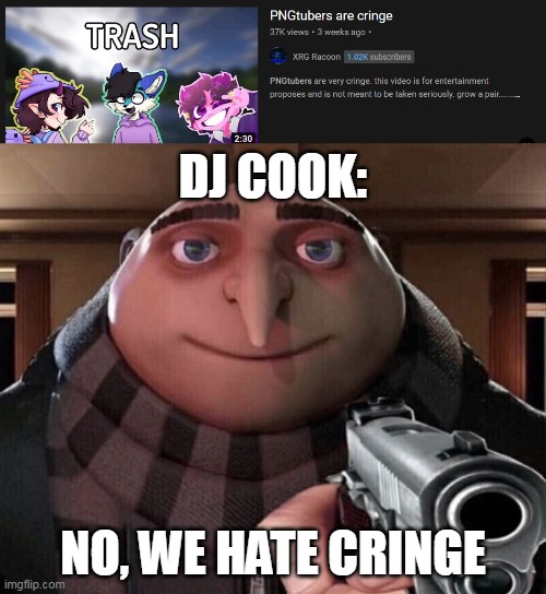 Dj cook is a pngtuber but not cringe | DJ COOK:; NO, WE HATE CRINGE | image tagged in gru gun | made w/ Imgflip meme maker