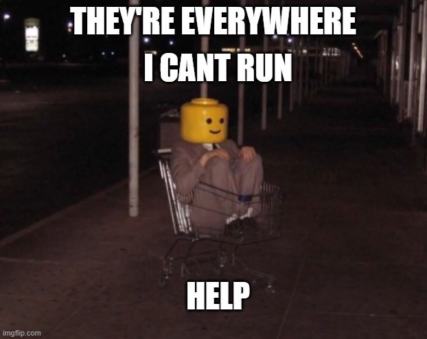 HELP | I CANT RUN; THEY'RE EVERYWHERE; HELP | image tagged in lego,shopping cart | made w/ Imgflip meme maker