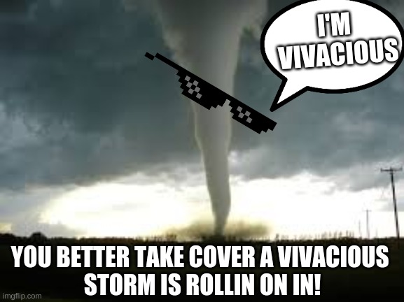 TORNADO COMIN IN HOT | I'M 
VIVACIOUS; YOU BETTER TAKE COVER A VIVACIOUS 
STORM IS ROLLIN ON IN! | image tagged in urmom | made w/ Imgflip meme maker