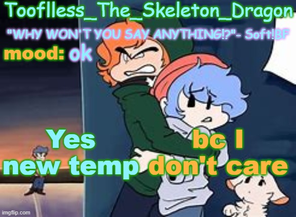 yes | ok; Yes new temp; bc I don't care | image tagged in skid's/tooflless 2nd soft temp | made w/ Imgflip meme maker