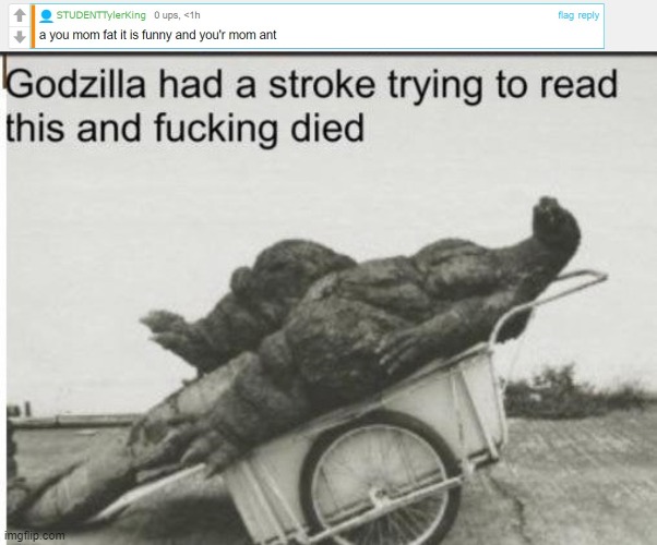 tell him to come back to imgflip when he's older. | image tagged in godzilla | made w/ Imgflip meme maker