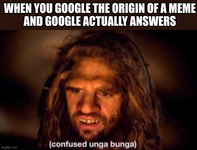 Confused Unga Bunga | WHEN YOU GOOGLE THE ORIGIN OF A MEME
AND GOOGLE ACTUALLY ANSWERS | image tagged in confused unga bunga | made w/ Imgflip meme maker