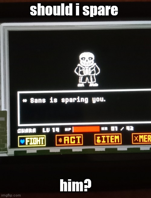 should i spare sans? | should i spare; him? | image tagged in sans is sparing you,sans undertale,sans,pls,i can't beat him,help | made w/ Imgflip meme maker