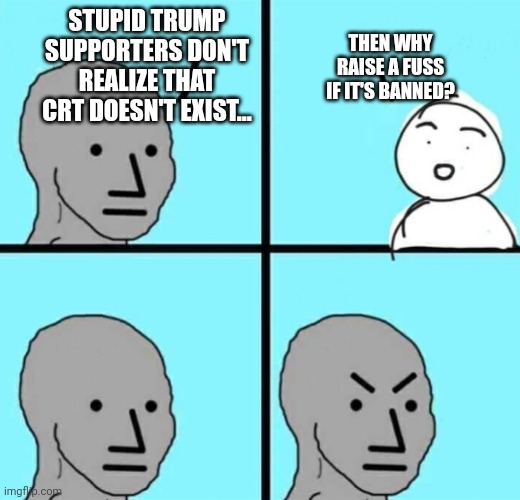 Angry npc wojak | STUPID TRUMP SUPPORTERS DON'T REALIZE THAT CRT DOESN'T EXIST... THEN WHY RAISE A FUSS IF IT'S BANNED? | image tagged in angry npc wojak | made w/ Imgflip meme maker