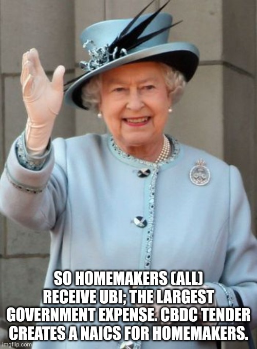 You got a super metric on your hands. | SO HOMEMAKERS (ALL) RECEIVE UBI; THE LARGEST GOVERNMENT EXPENSE. CBDC TENDER CREATES A NAICS FOR HOMEMAKERS. | image tagged in queen elizabeth,question,control utility growth,government homemaker utility,hasn't it always been | made w/ Imgflip meme maker