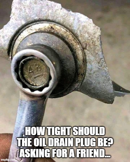 motorcycle maintenance |  HOW TIGHT SHOULD THE OIL DRAIN PLUG BE?
ASKING FOR A FRIEND... | image tagged in motorcycle,mechanic,oil | made w/ Imgflip meme maker