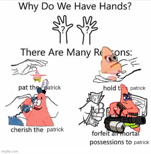 Why do we have hands? (all blank) | patrick patrick patrick patrick | image tagged in why do we have hands all blank | made w/ Imgflip meme maker