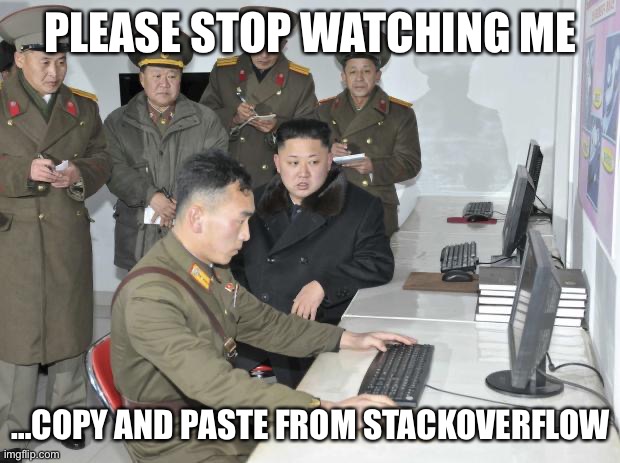 Stop Watching Me, Copy and Paste... | PLEASE STOP WATCHING ME; …COPY AND PASTE FROM STACKOVERFLOW | image tagged in north korean computer,programming,programmers,coding | made w/ Imgflip meme maker