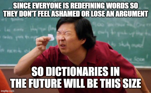 Tiny piece of paper | SINCE EVERYONE IS REDEFINING WORDS SO THEY DON'T FEEL ASHAMED OR LOSE AN ARGUMENT SO DICTIONARIES IN THE FUTURE WILL BE THIS SIZE | image tagged in tiny piece of paper | made w/ Imgflip meme maker