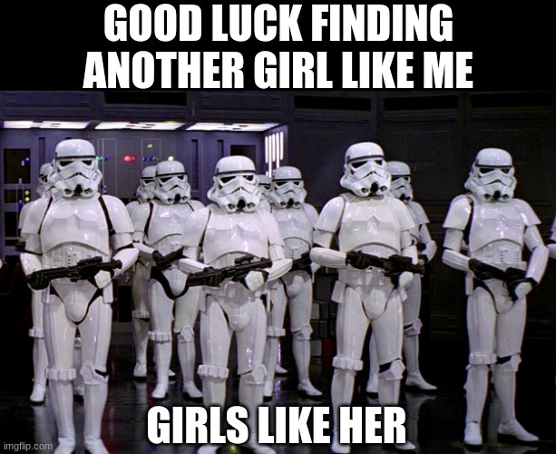 Girls Like Her | GOOD LUCK FINDING ANOTHER GIRL LIKE ME; GIRLS LIKE HER | image tagged in imperial stormtroopers | made w/ Imgflip meme maker