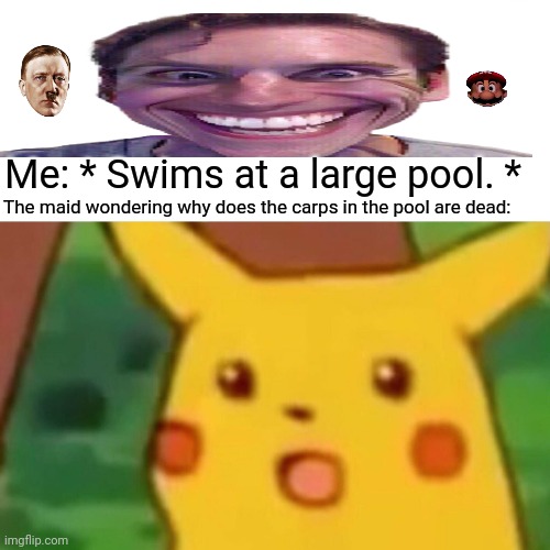 Surprised Pikachu Meme | Me: * Swims at a large pool. *; The maid wondering why does the carps in the pool are dead: | image tagged in memes,sport,faults | made w/ Imgflip meme maker