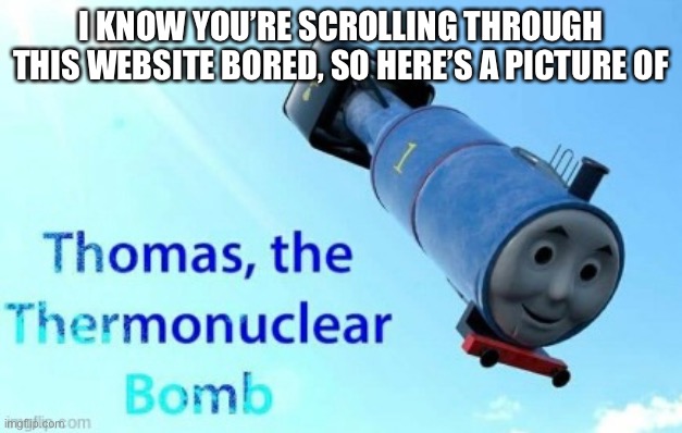 ok cool | I KNOW YOU’RE SCROLLING THROUGH THIS WEBSITE BORED, SO HERE’S A PICTURE OF | image tagged in thomas the thermonuclear bomb | made w/ Imgflip meme maker
