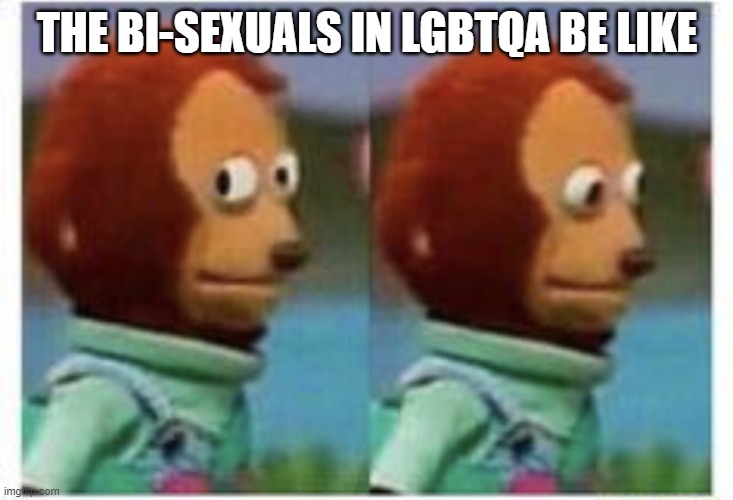 side eye teddy | THE BI-SEXUALS IN LGBTQA BE LIKE | image tagged in side eye teddy | made w/ Imgflip meme maker