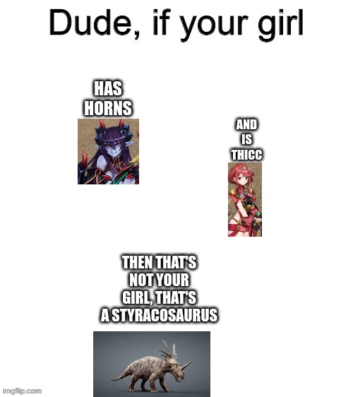 That is NOT your girl then | HAS HORNS; AND IS THICC; THEN THAT'S NOT YOUR GIRL, THAT'S A STYRACOSAURUS | image tagged in dude if your girl,dinosaur | made w/ Imgflip meme maker