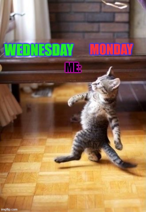 Cool Cat Stroll | WEDNESDAY; MONDAY; ME: | image tagged in memes,cool cat stroll | made w/ Imgflip meme maker