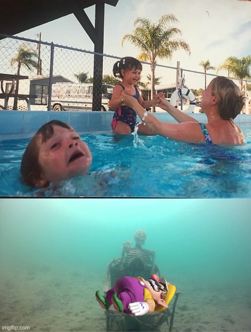 Wario and a little kid drown in a pool after being neglected by his mom.mp3 | image tagged in mother ignoring kid drowning in a pool,wario dies | made w/ Imgflip meme maker