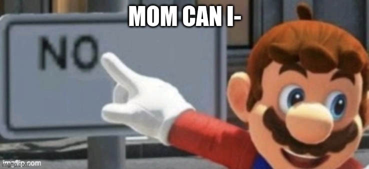 mario no sign | MOM CAN I- | image tagged in mario no sign | made w/ Imgflip meme maker