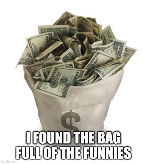 Bag of money | I FOUND THE BAG FULL OF THE FUNNIES | image tagged in bag full of funnies | made w/ Imgflip meme maker