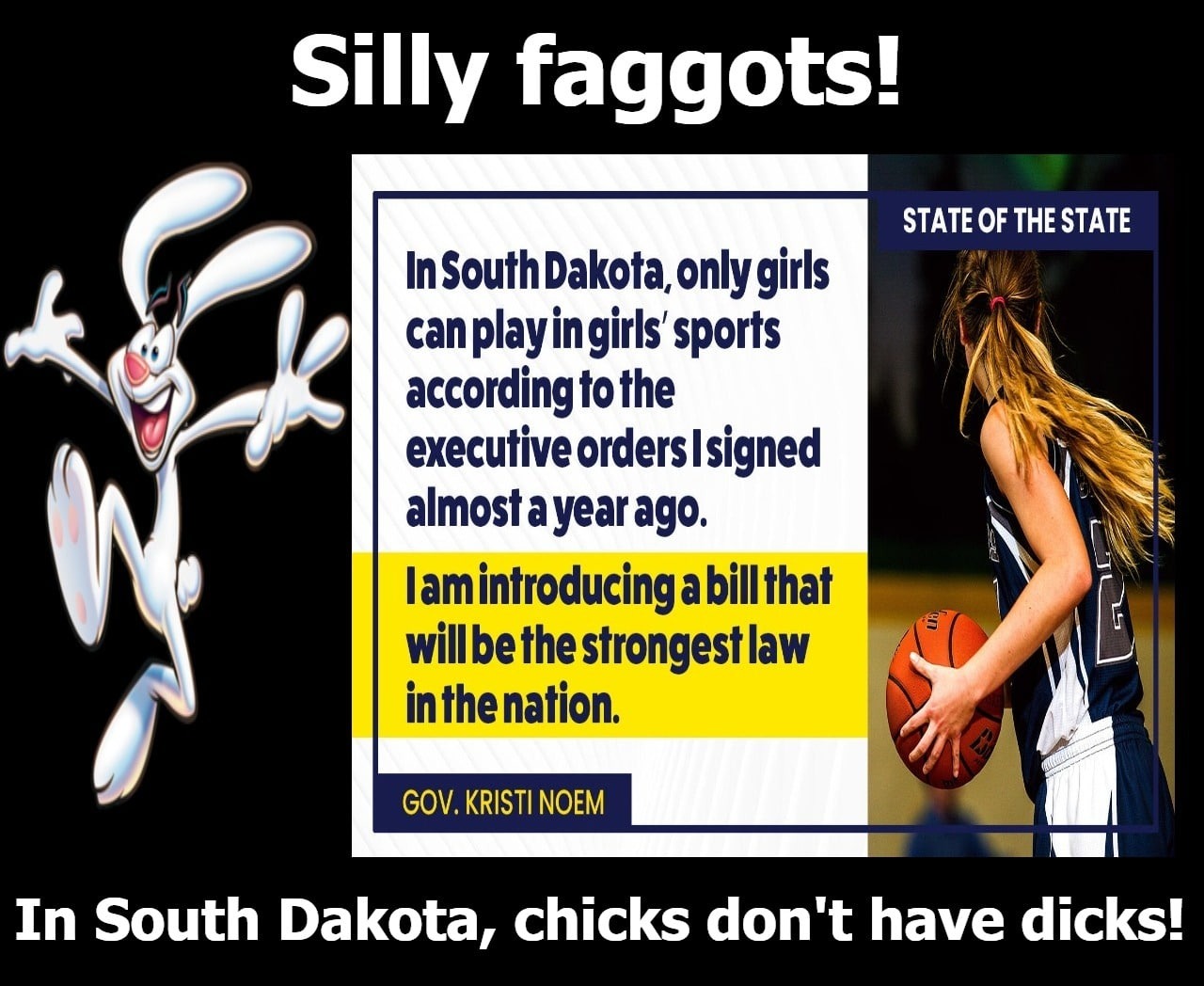 Silly faggots! In South Dakota, chicks don't have dicks! | image tagged in silly faggots chicks dont have dicks,dick jokes,trix rabbit,tired of hearing about transgenders,dickhead | made w/ Imgflip meme maker