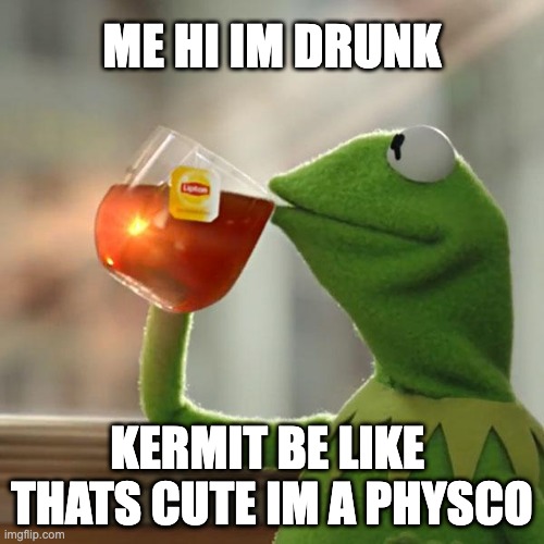 But That's None Of My Business Meme | ME HI IM DRUNK; KERMIT BE LIKE 
THATS CUTE IM A PHYSCO | image tagged in memes,but that's none of my business,kermit the frog | made w/ Imgflip meme maker