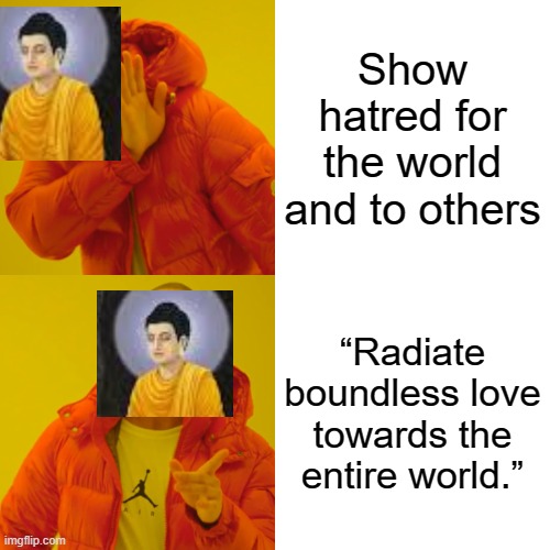 Drake Hotline Bling | Show hatred for the world and to others; “Radiate boundless love towards the entire world.” | image tagged in memes,drake hotline bling | made w/ Imgflip meme maker