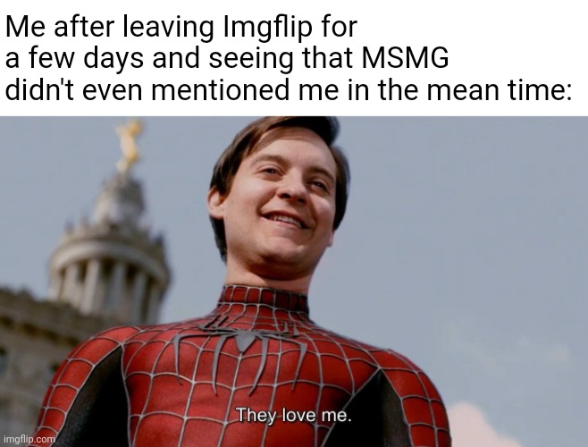 For people who don't know me: I'm just another shitposter | Me after leaving Imgflip for a few days and seeing that MSMG didn't even mentioned me in the mean time: | image tagged in they love me,memes,imgflip | made w/ Imgflip meme maker