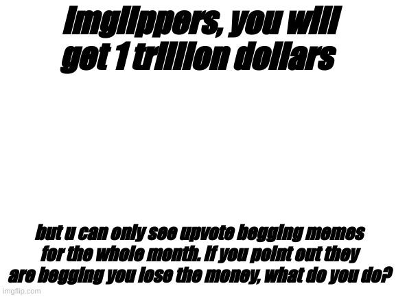 Blank White Template | imglippers, you will get 1 trillion dollars; but u can only see upvote begging memes for the whole month. if you point out they are begging you lose the money, what do you do? | image tagged in blank white template | made w/ Imgflip meme maker