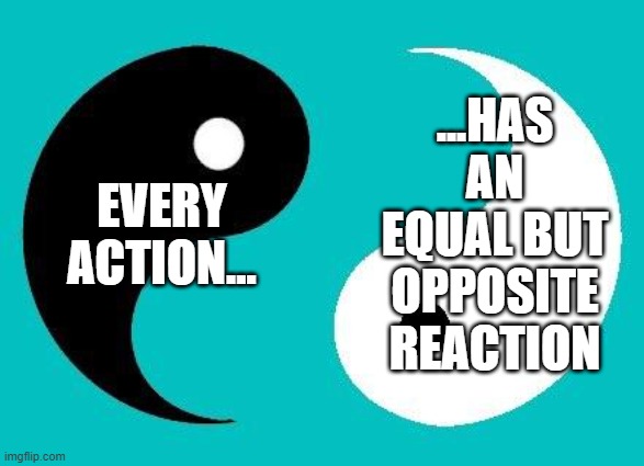Newton's Third Law Of Motion | EVERY ACTION... ...HAS AN EQUAL BUT OPPOSITE REACTION | image tagged in yin yang,sir isaac newton,physics,philosophy,opposite,tao | made w/ Imgflip meme maker