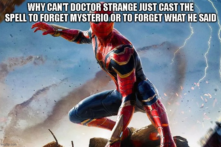 WHY CAN'T DOCTOR STRANGE JUST CAST THE SPELL TO FORGET MYSTERIO OR TO FORGET WHAT HE SAID | image tagged in thor off-world captain marvel unavailable | made w/ Imgflip meme maker