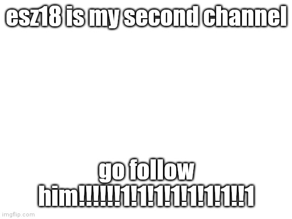 message | esz18 is my second channel; go follow him!!!!!!1!1!1!1!1!1!1!!1 | image tagged in blank white template,message | made w/ Imgflip meme maker