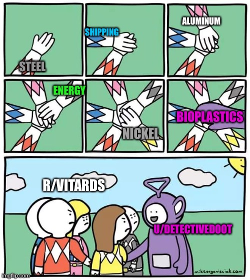 Power Ranger Teletubbies | ALUMINUM; SHIPPING; BIOPLASTICS; STEEL; ENERGY; NICKEL; R/VITARDS; U/DETECTIVEDOOT | image tagged in power ranger teletubbies,Vitards | made w/ Imgflip meme maker