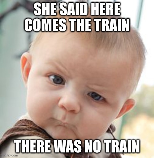 Skeptical Baby |  SHE SAID HERE COMES THE TRAIN; THERE WAS NO TRAIN | image tagged in memes,skeptical baby | made w/ Imgflip meme maker