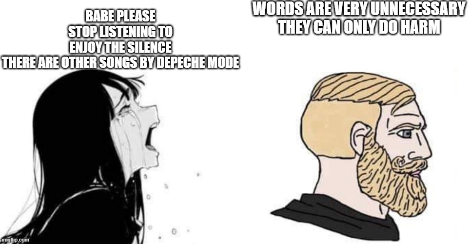 Depeche mode meme | WORDS ARE VERY UNNECESSARY THEY CAN ONLY DO HARM; BABE PLEASE STOP LISTENING TO ENJOY THE SILENCE THERE ARE OTHER SONGS BY DEPECHE MODE | image tagged in babe please | made w/ Imgflip meme maker