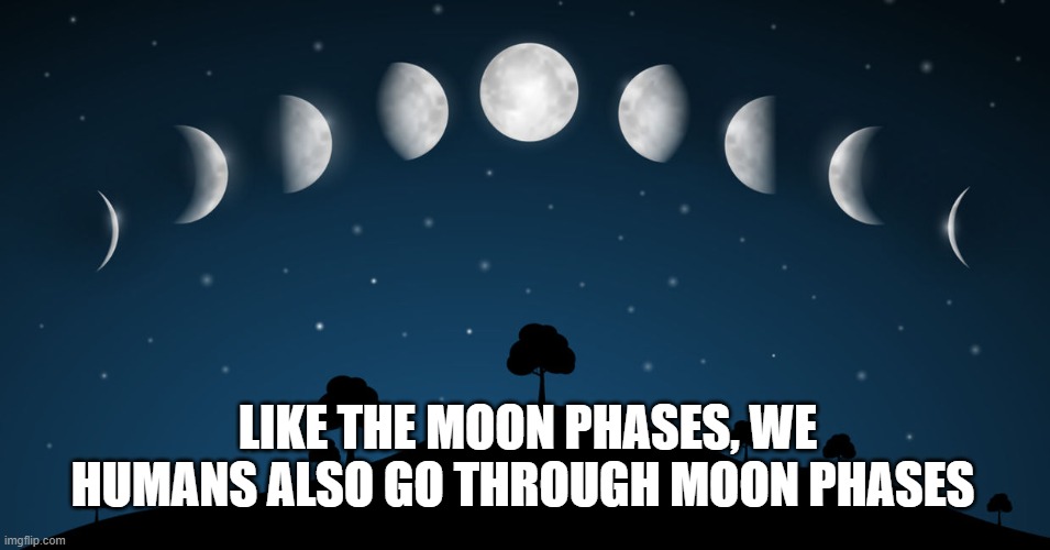 Moon Phases | LIKE THE MOON PHASES, WE HUMANS ALSO GO THROUGH MOON PHASES | image tagged in moon phases | made w/ Imgflip meme maker