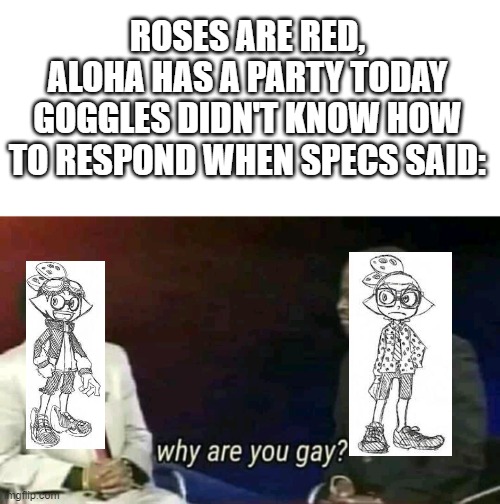 Ima do a lot of roses are red | ROSES ARE RED,
ALOHA HAS A PARTY TODAY
GOGGLES DIDN'T KNOW HOW TO RESPOND WHEN SPECS SAID: | image tagged in why are you gay | made w/ Imgflip meme maker