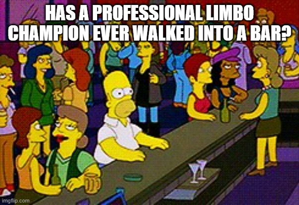 Homer Bar | HAS A PROFESSIONAL LIMBO CHAMPION EVER WALKED INTO A BAR? | image tagged in homer bar | made w/ Imgflip meme maker