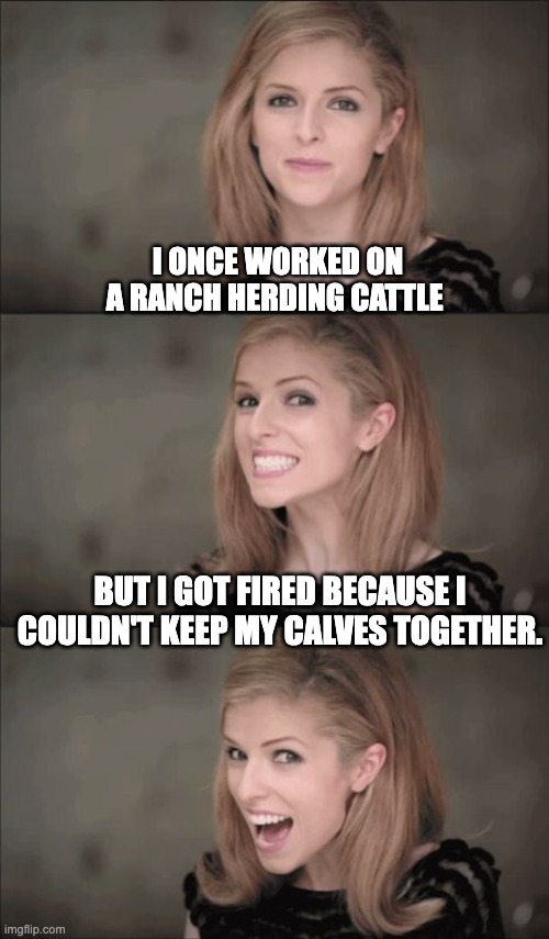 Calves | I ONCE WORKED ON A RANCH HERDING CATTLE; BUT I GOT FIRED BECAUSE I COULDN'T KEEP MY CALVES TOGETHER. | image tagged in memes,bad pun anna kendrick | made w/ Imgflip meme maker