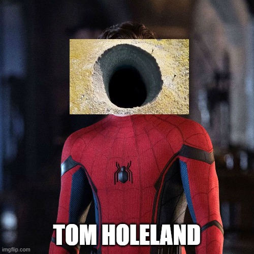 hole | TOM HOLELAND | image tagged in spiderman,tom holland | made w/ Imgflip meme maker