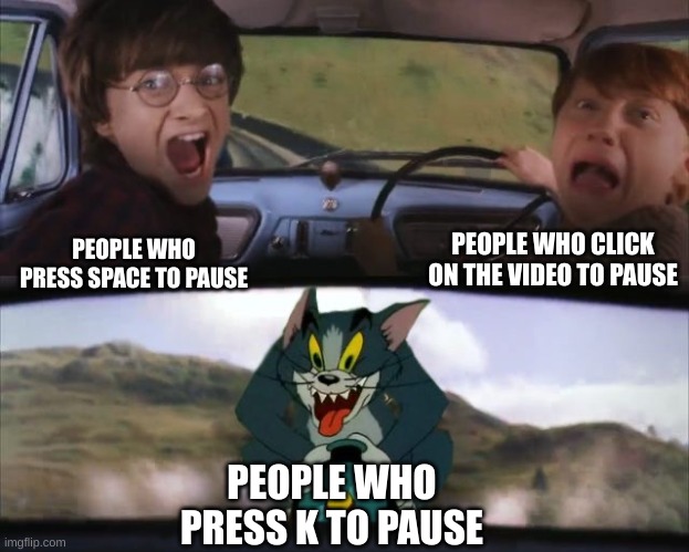 Who actually presses k |  PEOPLE WHO CLICK ON THE VIDEO TO PAUSE; PEOPLE WHO PRESS SPACE TO PAUSE; PEOPLE WHO PRESS K TO PAUSE | image tagged in tom chasing harry and ron weasly,youtube,funny,lol so funny | made w/ Imgflip meme maker