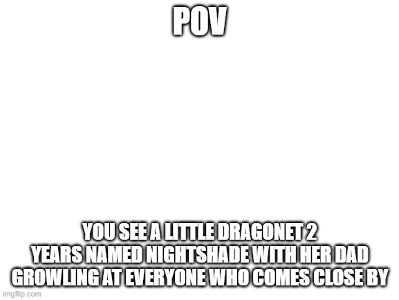 Clever Title | POV; YOU SEE A LITTLE DRAGONET 2 YEARS NAMED NIGHTSHADE WITH HER DAD GROWLING AT EVERYONE WHO COMES CLOSE BY | image tagged in blank white template | made w/ Imgflip meme maker