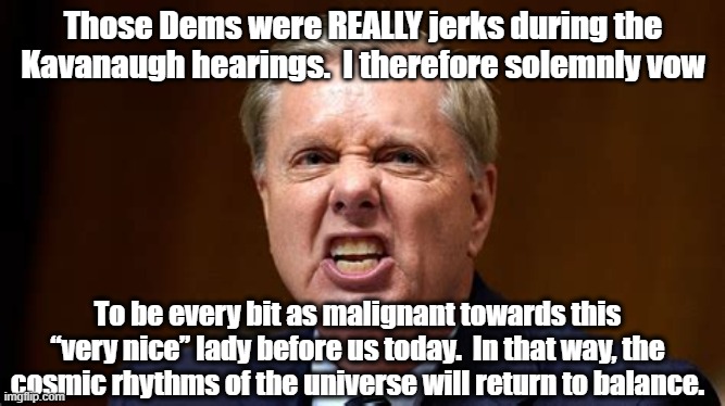Lindsey Unleashed | Those Dems were REALLY jerks during the Kavanaugh hearings.  I therefore solemnly vow; To be every bit as malignant towards this “very nice” lady before us today.  In that way, the cosmic rhythms of the universe will return to balance. | image tagged in gop,i am the senate,supreme court,maga,nomination | made w/ Imgflip meme maker