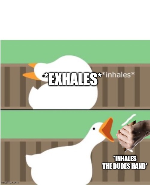 Untitled goose game honk | *INHALES THE DUDES HAND* *EXHALES* | image tagged in untitled goose game honk | made w/ Imgflip meme maker