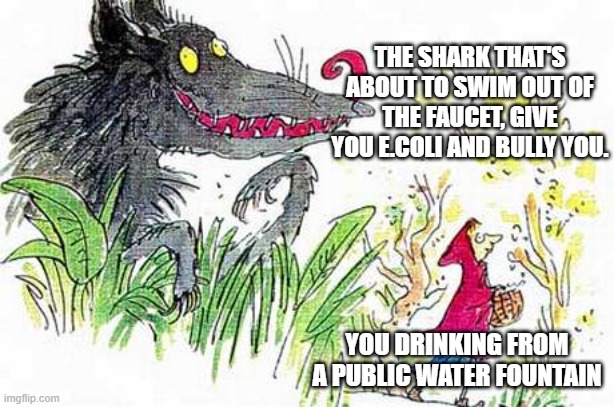 Worst case scenario | THE SHARK THAT'S ABOUT TO SWIM OUT OF THE FAUCET, GIVE YOU E.COLI AND BULLY YOU. YOU DRINKING FROM A PUBLIC WATER FOUNTAIN | image tagged in red riding hood | made w/ Imgflip meme maker