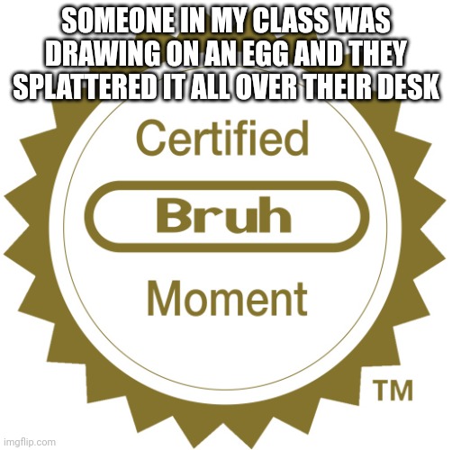 Certified bruh moment | SOMEONE IN MY CLASS WAS DRAWING ON AN EGG AND THEY SPLATTERED IT ALL OVER THEIR DESK | image tagged in certified bruh moment | made w/ Imgflip meme maker
