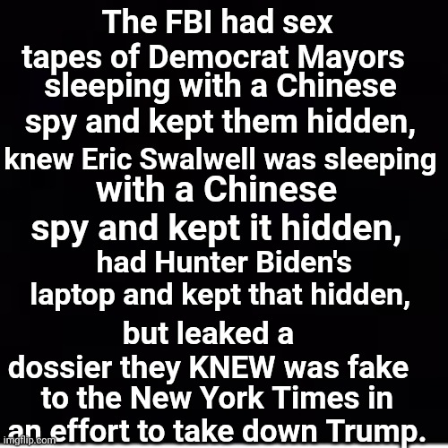 FBI CORRUPTION | The FBI had sex tapes of Democrat Mayors; sleeping with a Chinese spy and kept them hidden, knew Eric Swalwell was sleeping; with a Chinese spy and kept it hidden, had Hunter Biden's laptop and kept that hidden, but leaked a dossier they KNEW was fake; to the New York Times in an effort to take down Trump. | image tagged in fbi,corruption | made w/ Imgflip meme maker