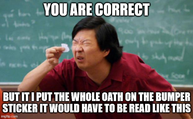 Tiny piece of paper | YOU ARE CORRECT BUT IT I PUT THE WHOLE OATH ON THE BUMPER STICKER IT WOULD HAVE TO BE READ LIKE THIS | image tagged in tiny piece of paper | made w/ Imgflip meme maker